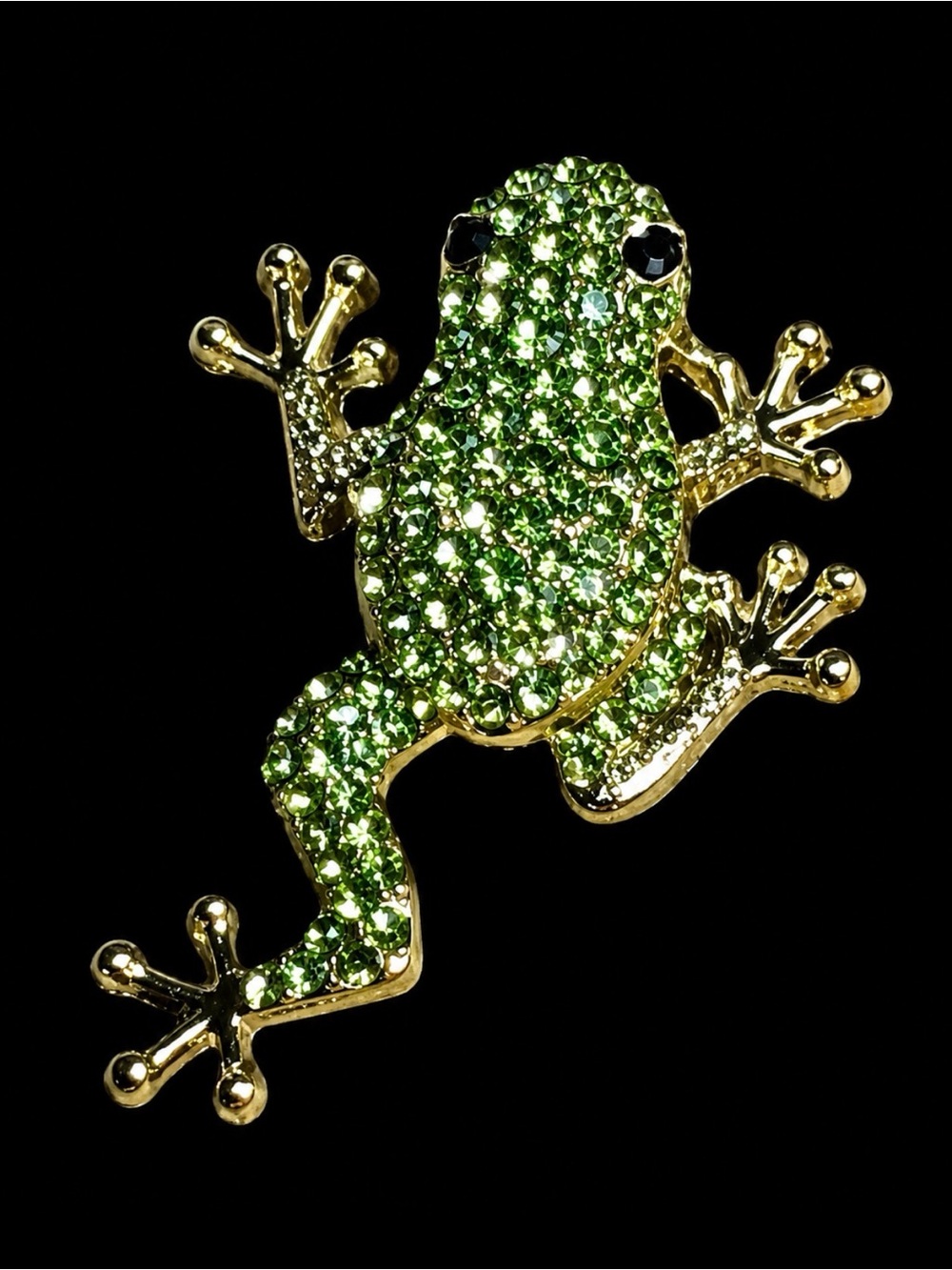 Green Crystal Frog Brooch - Gold Tone Accent
